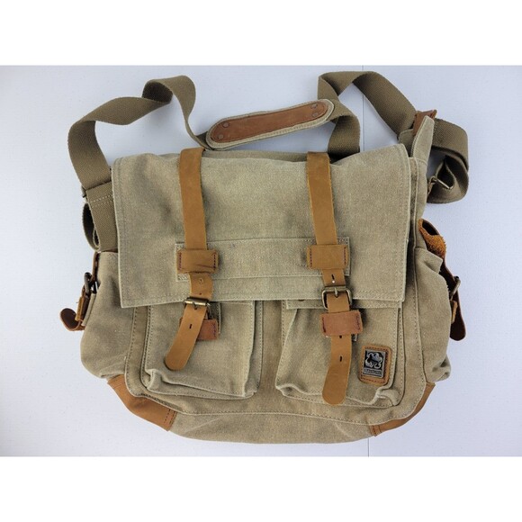 Vintage Other - Sechunk Vintage Military Leather Brown & Sand Canvas Messenger Satchel Size Larg